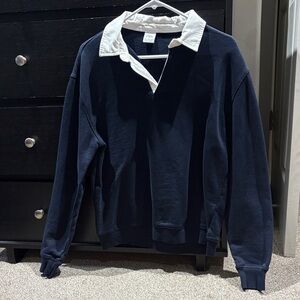 Zara Men's Dark Blue V-Neck Sweater with White Collar